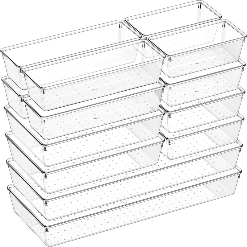 Criusia 14 PCS Clear Plastic Drawer Organizer Set - 5 Large Size Versatile Kitchen and Bathroom Organizer Trays, Non-Slip Storage Bins for Makeup, Utensils, Tool and Office Desk - Image 1